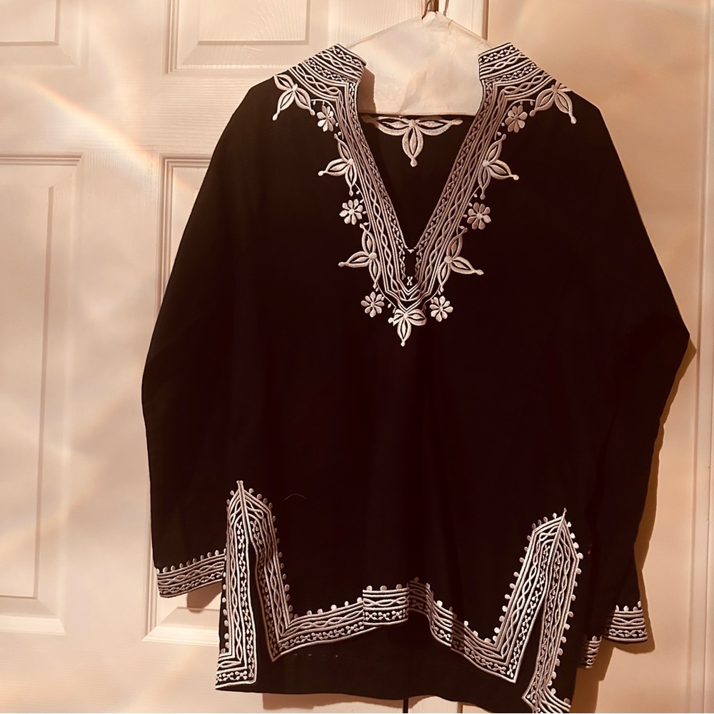J. Crew Tunic    Navy and White Linen Embellished White and Blue